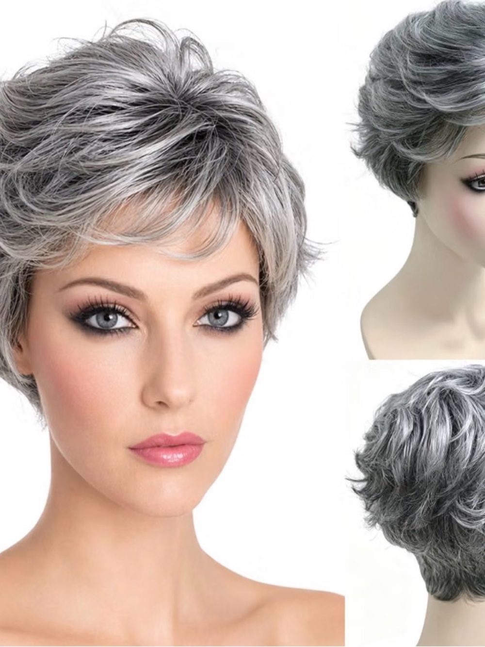 Elegant Short Layered Wig in Silver Gray - Women Hair and two wig caps